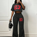 Short Sleeve Crop Top Drawstring Wide-Leg Pants Set