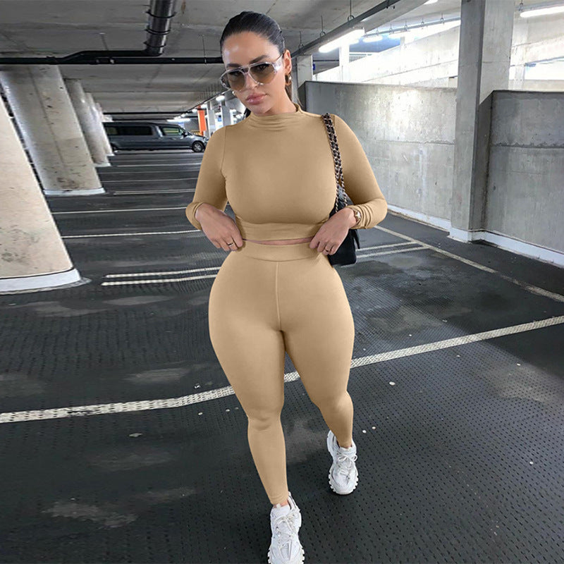 8131 Europe And America Cross-Border Fashion Solid Color Slim Long-Sleeved Women's Tights Breathable Sports Suit Women