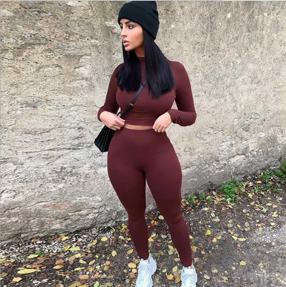 8131 Europe And America Cross-Border Fashion Solid Color Slim Long-Sleeved Women's Tights Breathable Sports Suit Women