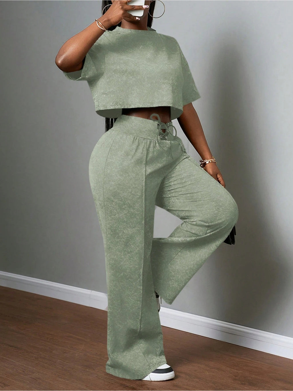 Short Sleeve Crop Top Drawstring Wide-Leg Pants Set