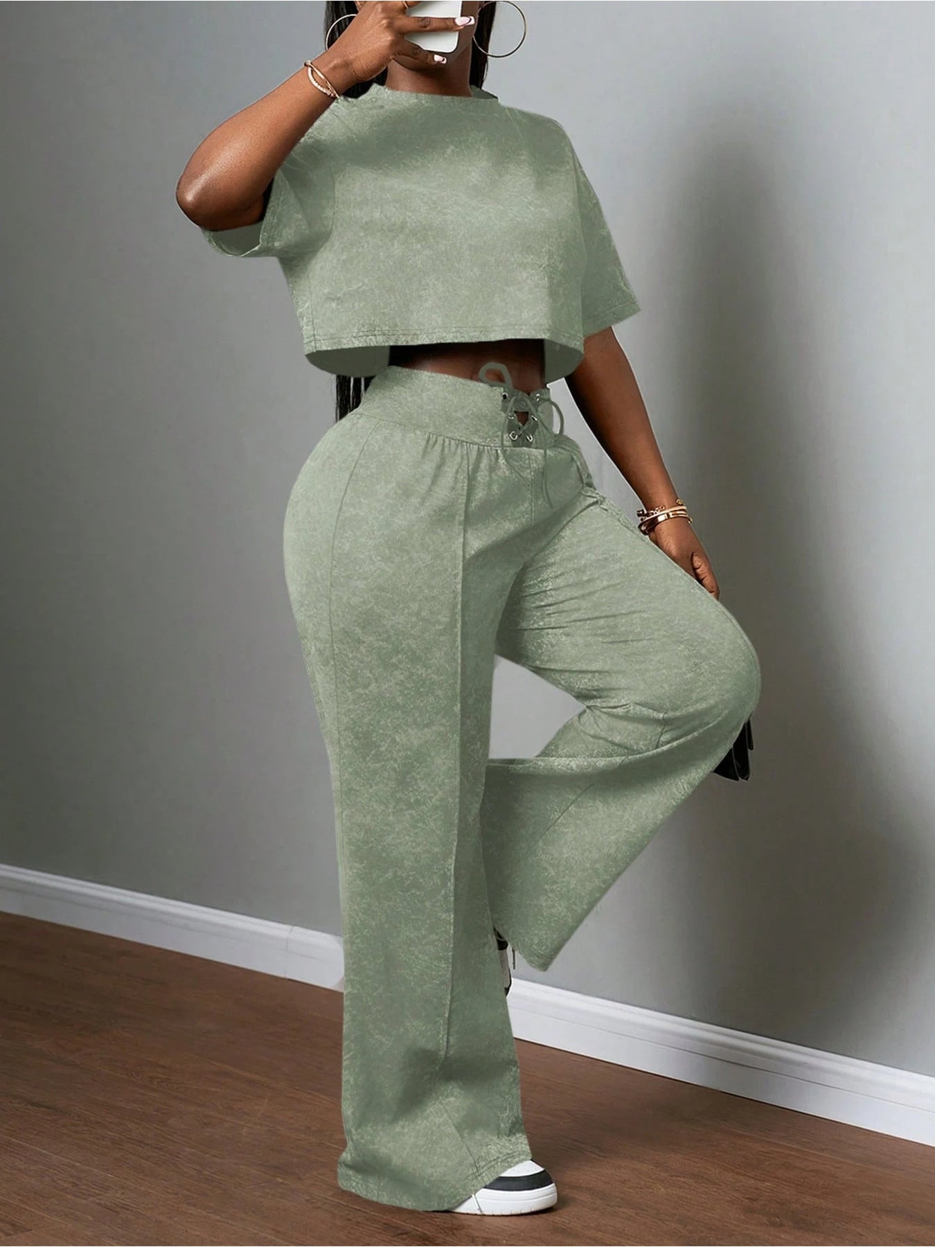 Short Sleeve Crop Top Drawstring Wide-Leg Pants Set
