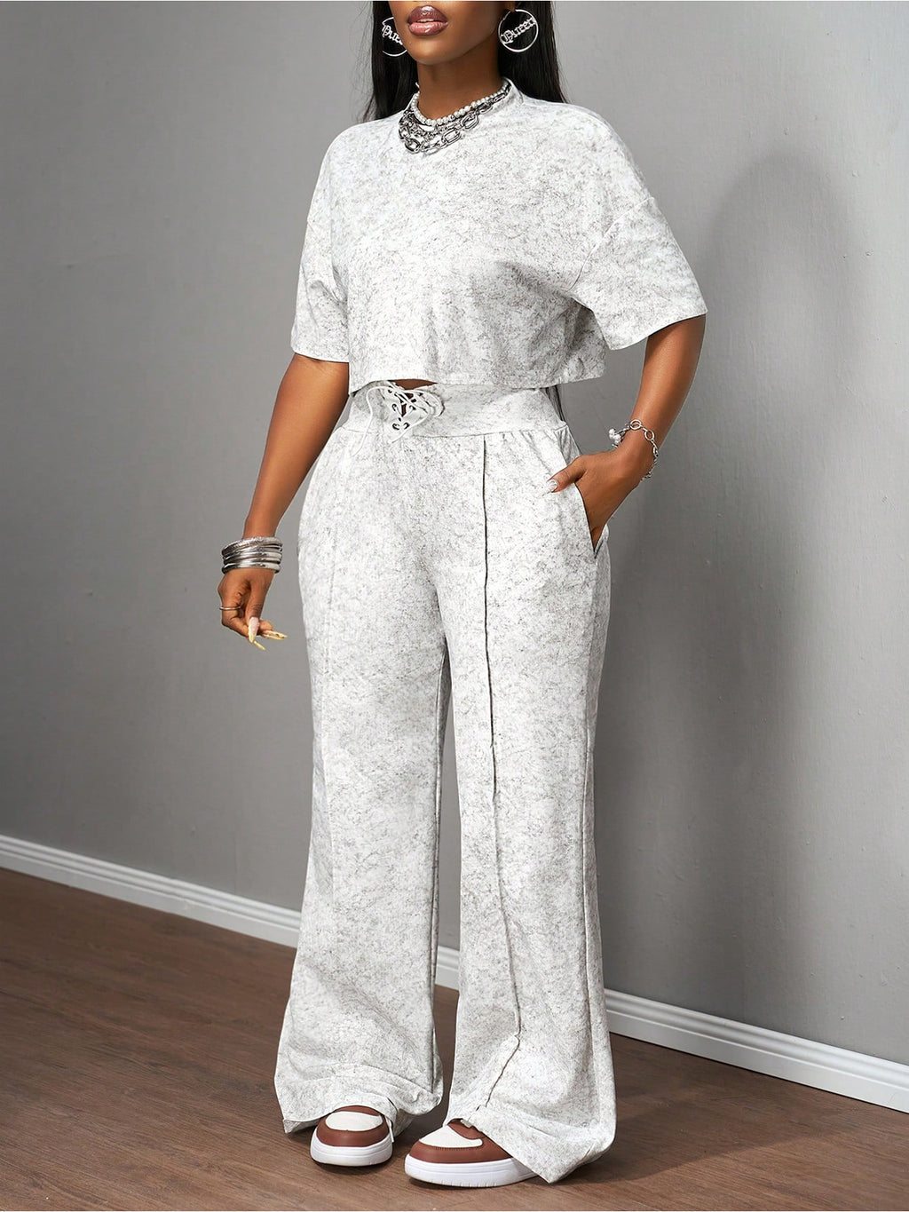 Short Sleeve Crop Top Drawstring Wide-Leg Pants Set