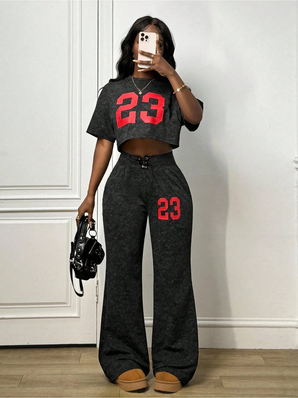 Short Sleeve Crop Top Drawstring Wide-Leg Pants Set