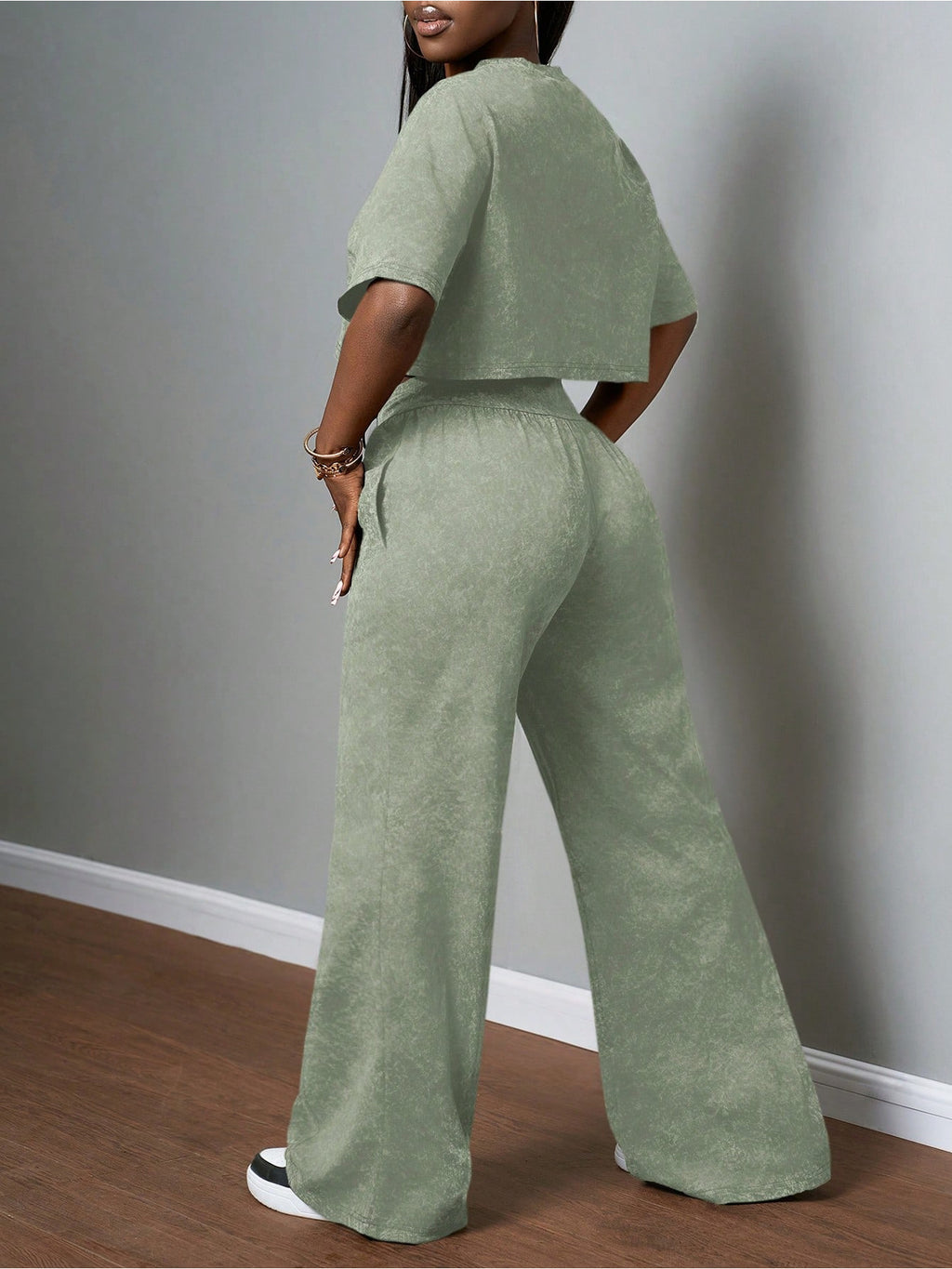 Short Sleeve Crop Top Drawstring Wide-Leg Pants Set