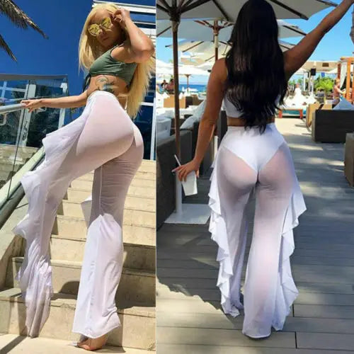 Mesh Ruffle Sheer Wide Leg  Bikini Cover Up