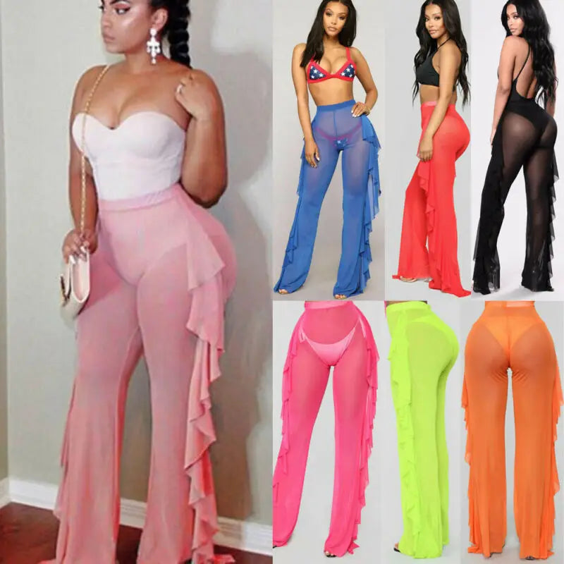 Mesh Ruffle Sheer Wide Leg  Bikini Cover Up