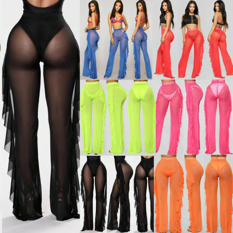 Mesh Ruffle Sheer Wide Leg  Bikini Cover Up