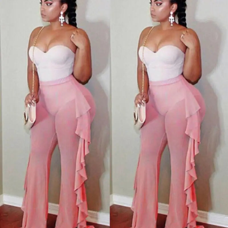 Mesh Ruffle Sheer Wide Leg  Bikini Cover Up
