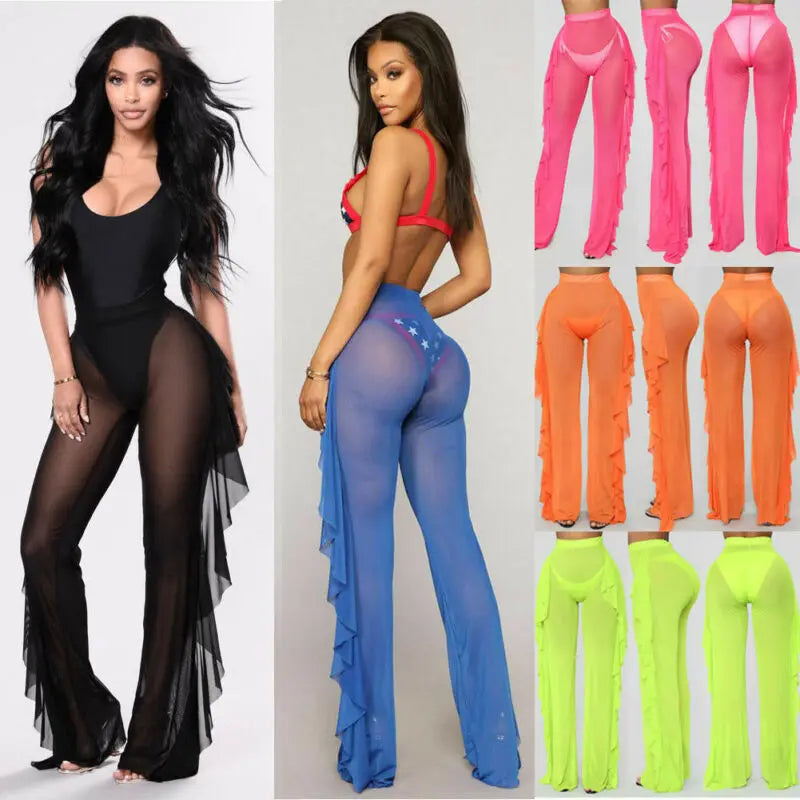 Mesh Ruffle Sheer Wide Leg  Bikini Cover Up
