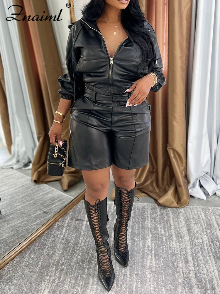 Leather Hooded Jacket and Shorts Set
