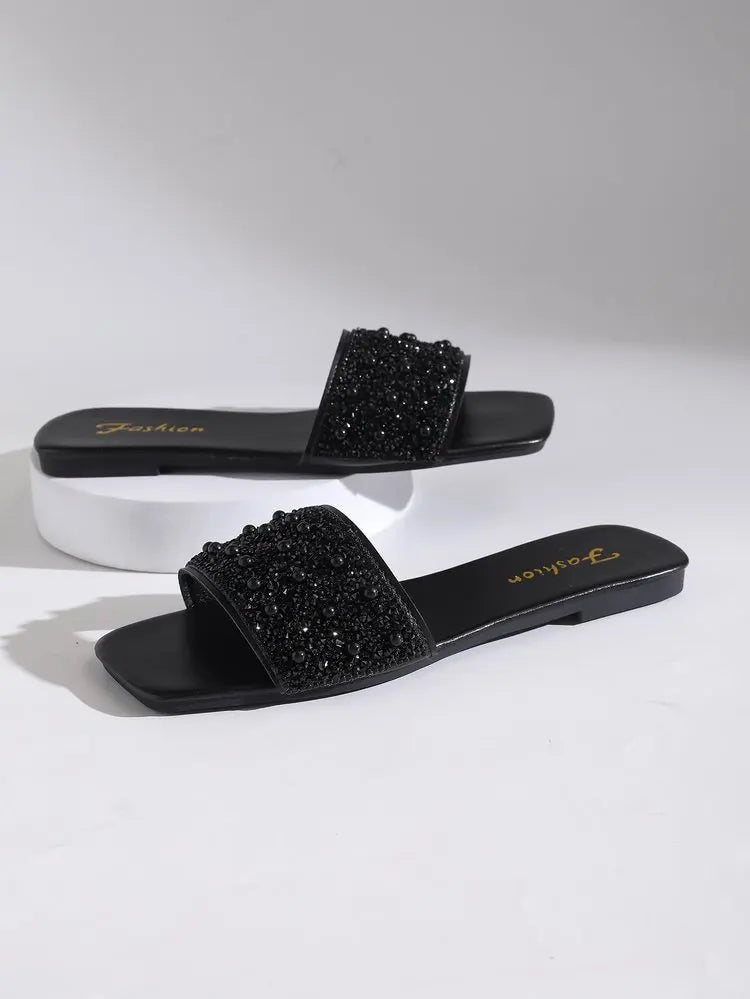 Women's Black Flat Slides
