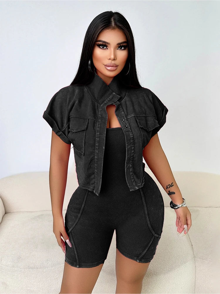 One Piece Short Sleeve Jacket Two Piece Set
