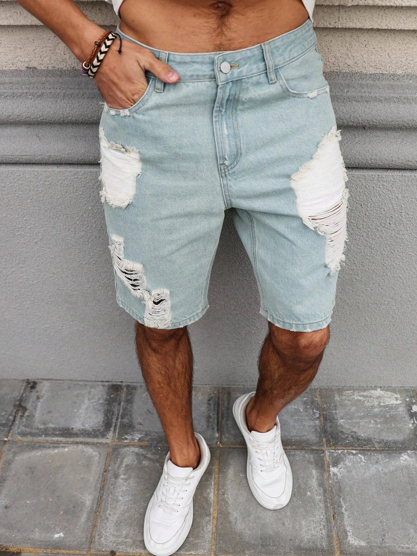 Men's Light Blue Ripped Denim Shorts