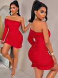 Off-Shoulder Long Sleeve Ruched Mini Dress with Ruffle Hem