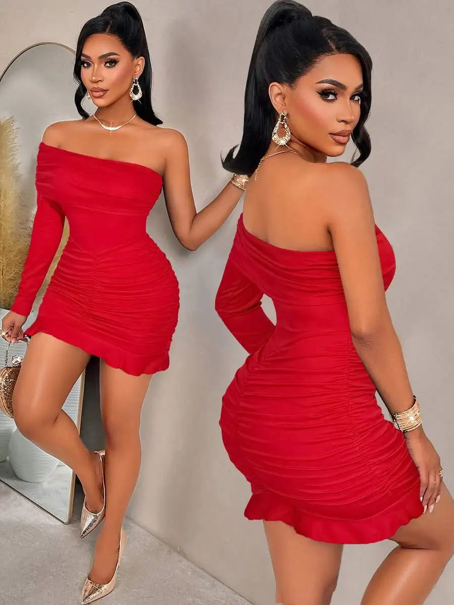 Off-Shoulder Long Sleeve Ruched Mini Dress with Ruffle Hem