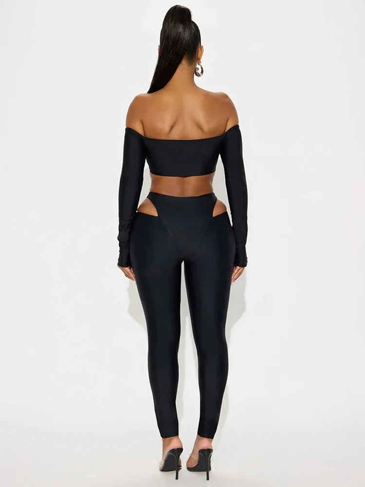 Slash Neck Crop Tops+High-Waist Leggings