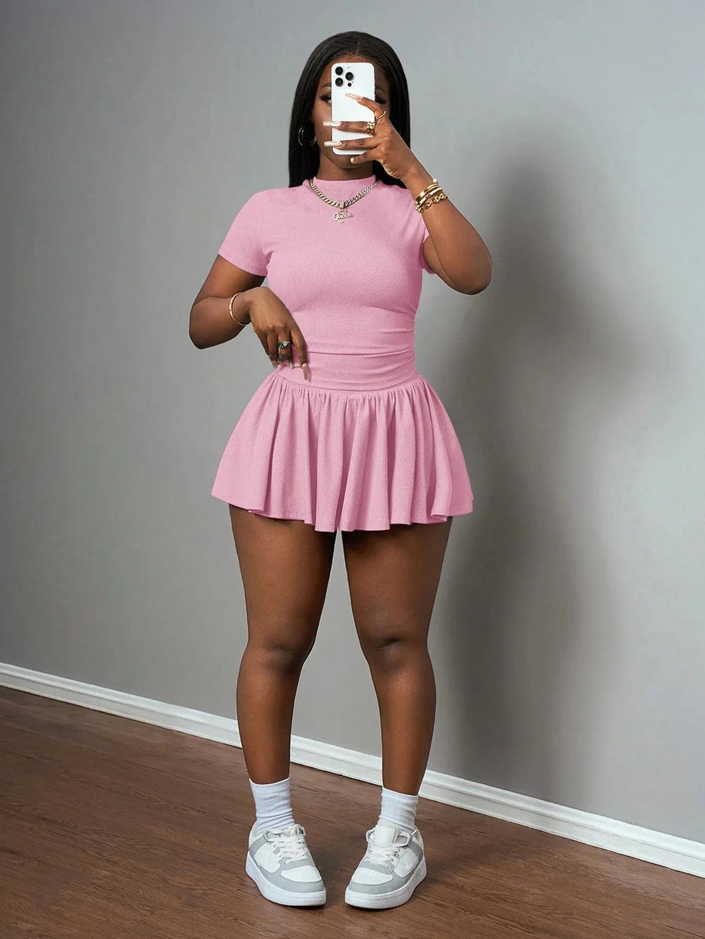 Ribbing Pleated Skirt Set