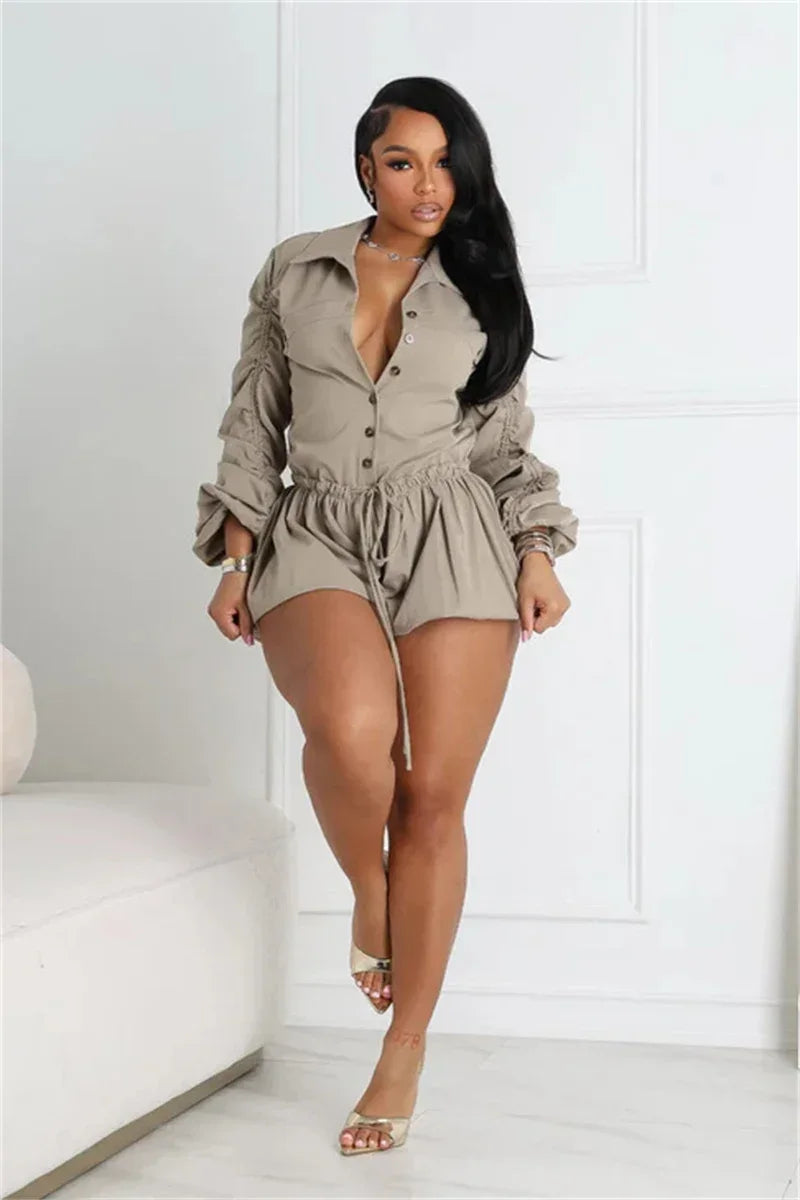 Turn-down Collar Drawstring jumpsuit