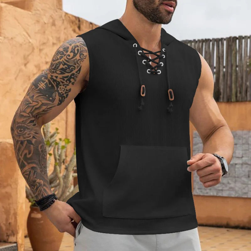 Hooded Sleeveless Lace-up Vest ﻿