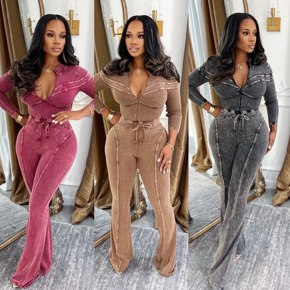 Long Sleeve Zip Top and Flare Pants Suit