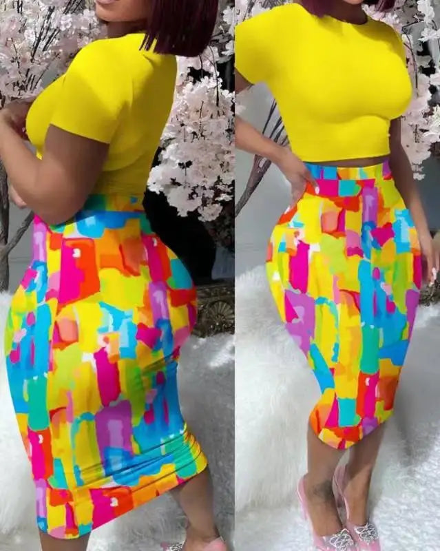 Color Print Slim Skirt 2 Piece Sets