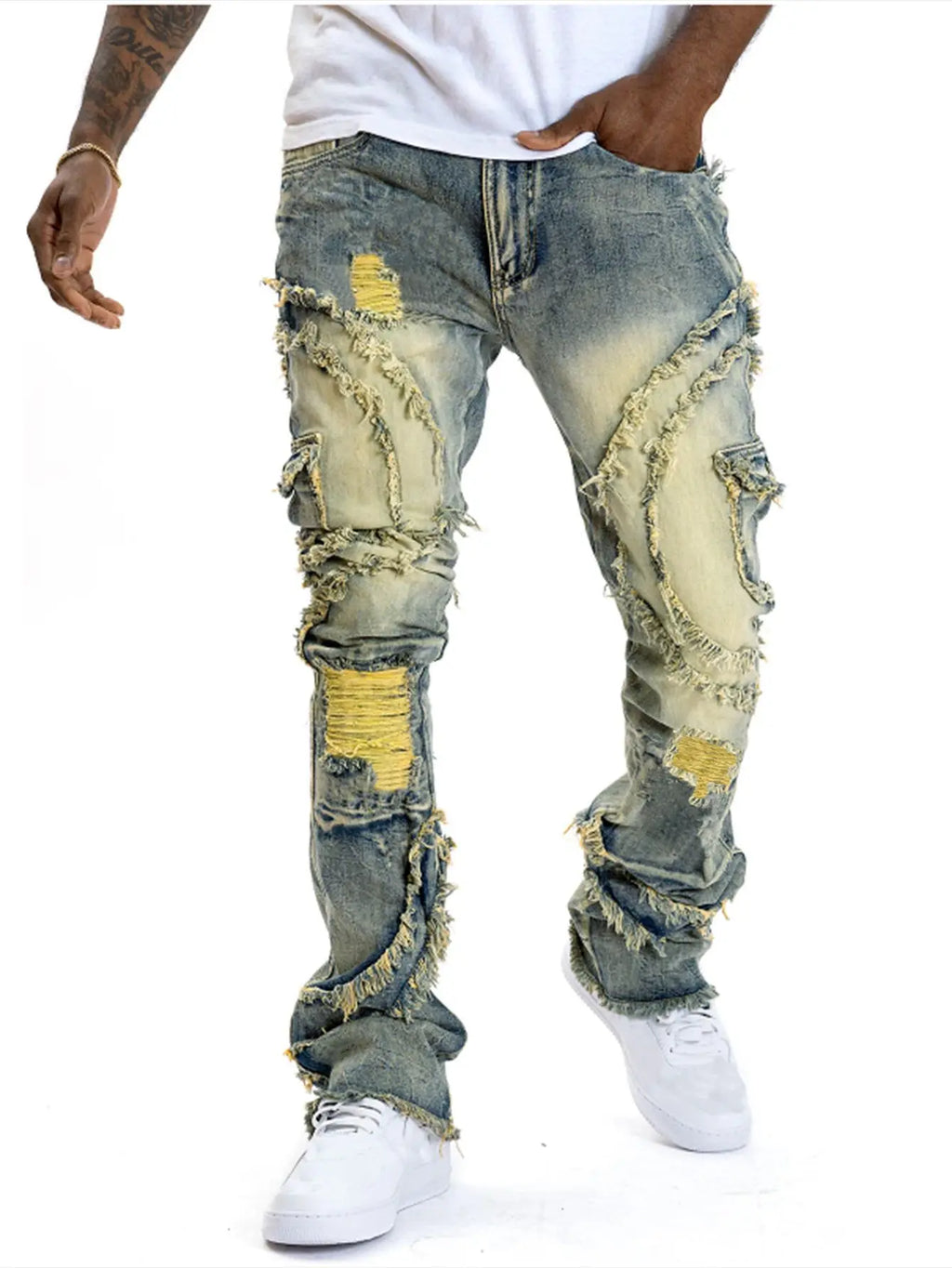 Ripped hole elastic jeans