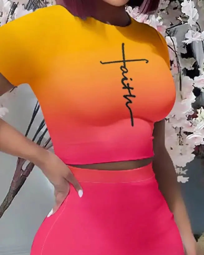 Color Print Slim Skirt 2 Piece Sets