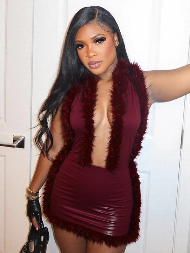 Faux Leather Backless Mini Dress