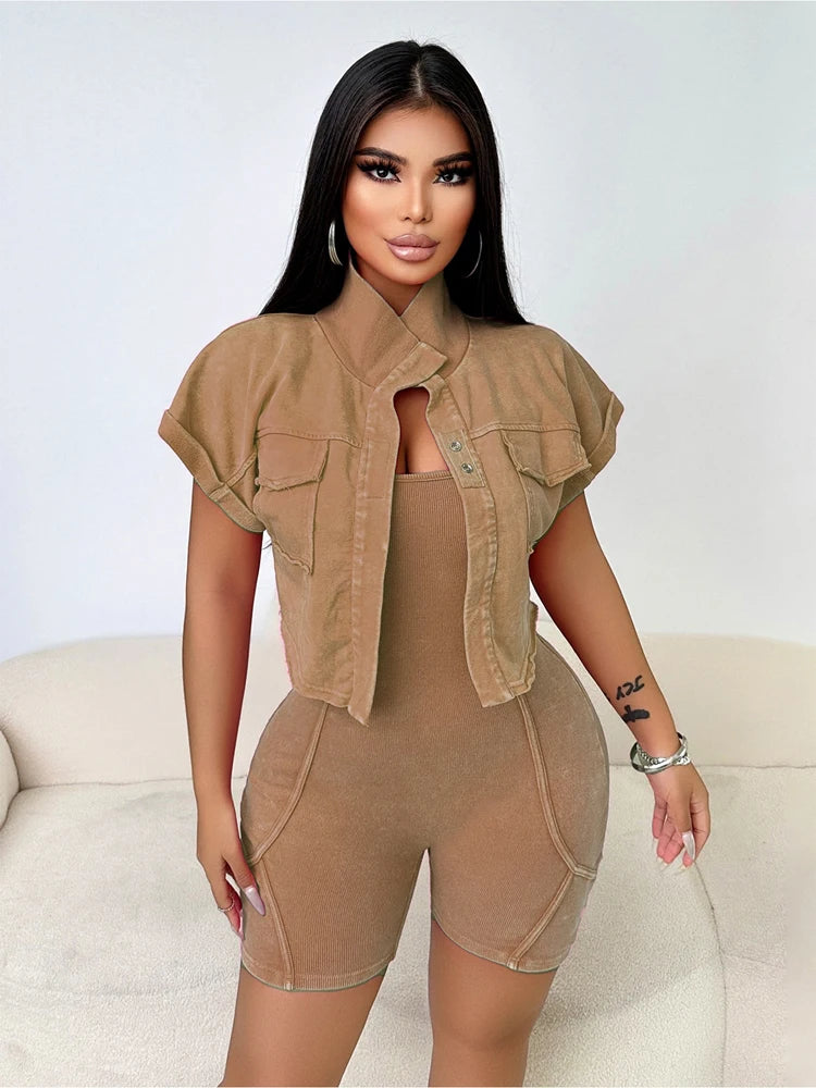 One Piece Short Sleeve Jacket Two Piece Set