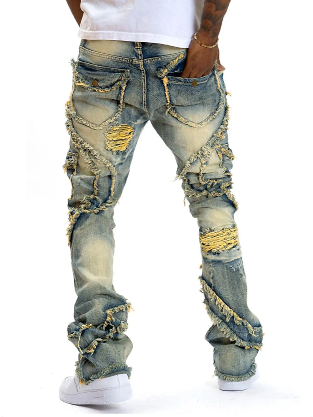 Ripped hole elastic jeans