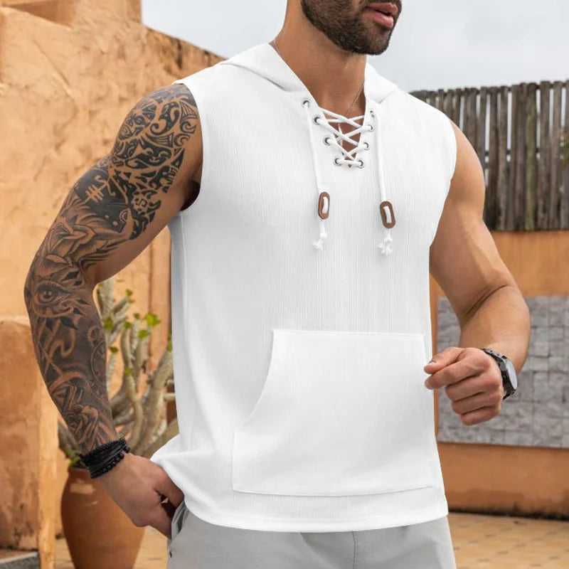 Hooded Sleeveless Lace-up Vest ﻿