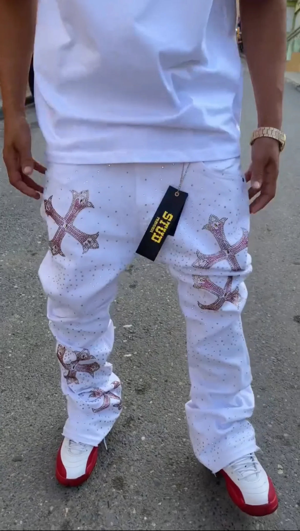 Rhinestone Studded Cross Design Skinny Flared Jeans