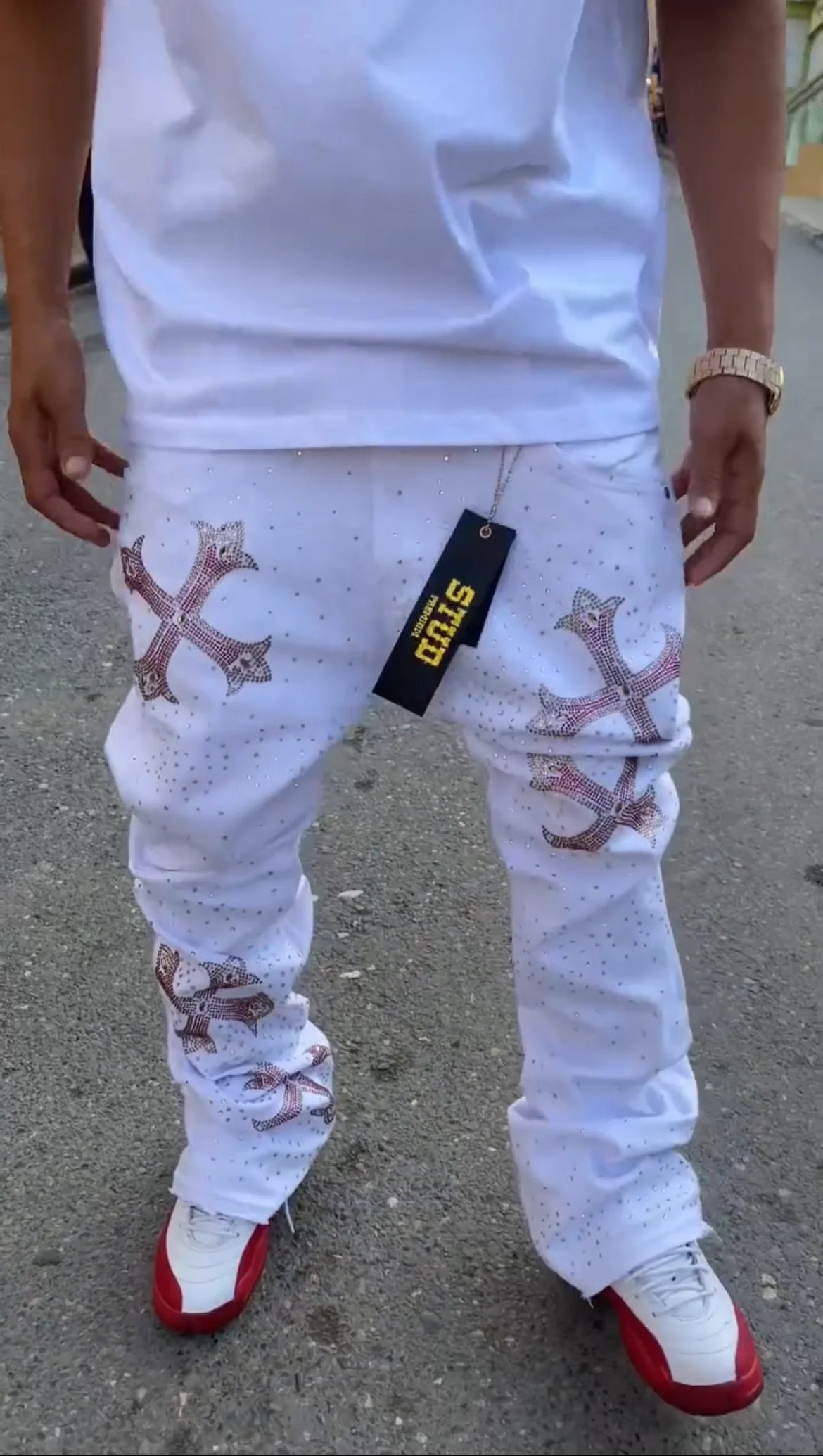 Rhinestone Studded Cross Design Skinny Flared Jeans