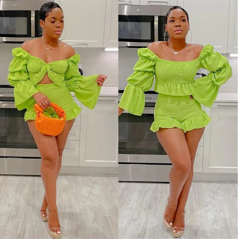 Puff Sleeve Crop Top and Shorts Set