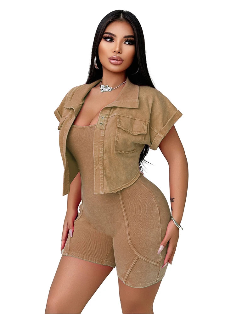 One Piece Short Sleeve Jacket Two Piece Set