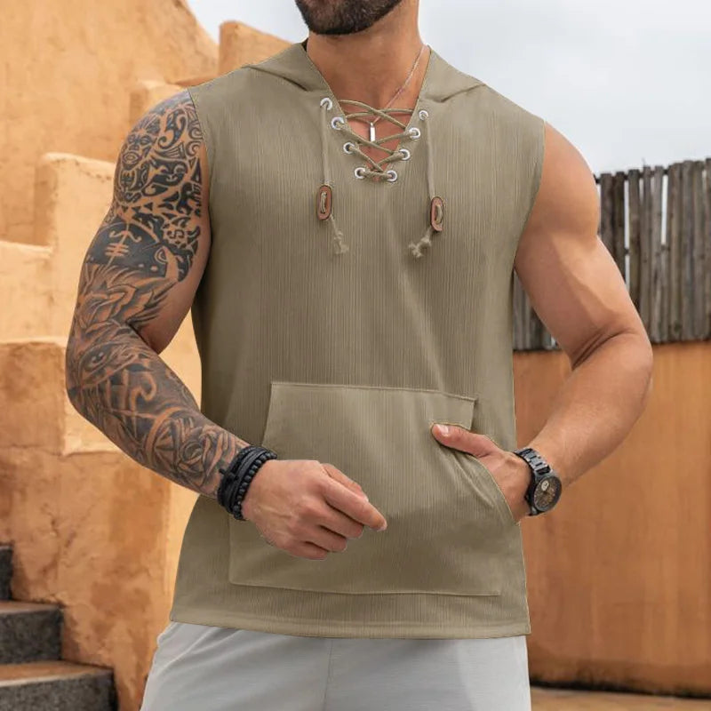 Hooded Sleeveless Lace-up Vest ﻿
