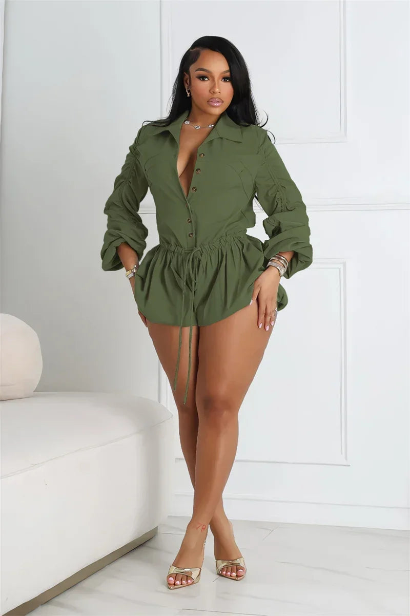 Turn-down Collar Drawstring jumpsuit