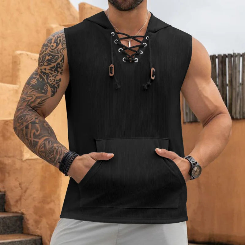 Hooded Sleeveless Lace-up Vest ﻿