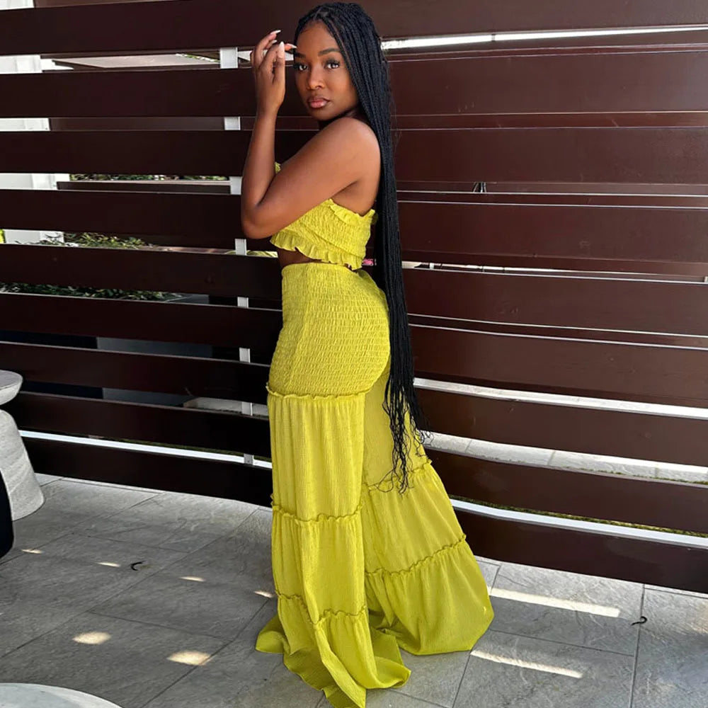Ruffled Strapless Crop Top Wide Leg Pants Suit