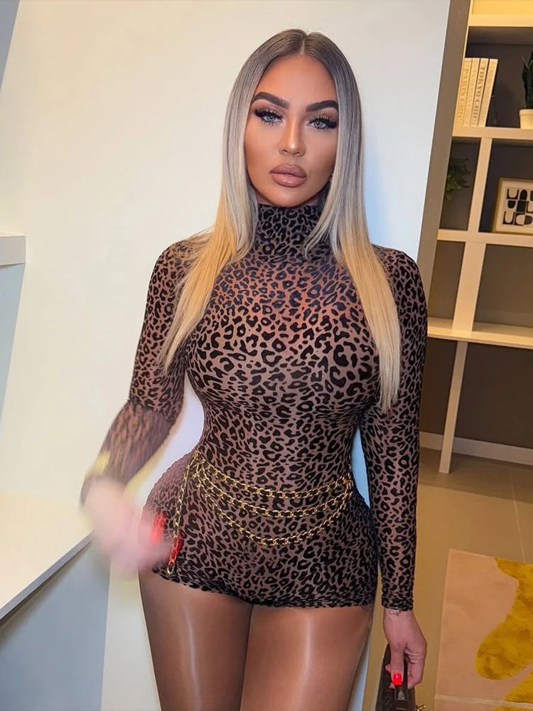 Leopard Close-Fitting High-Necked Romper
