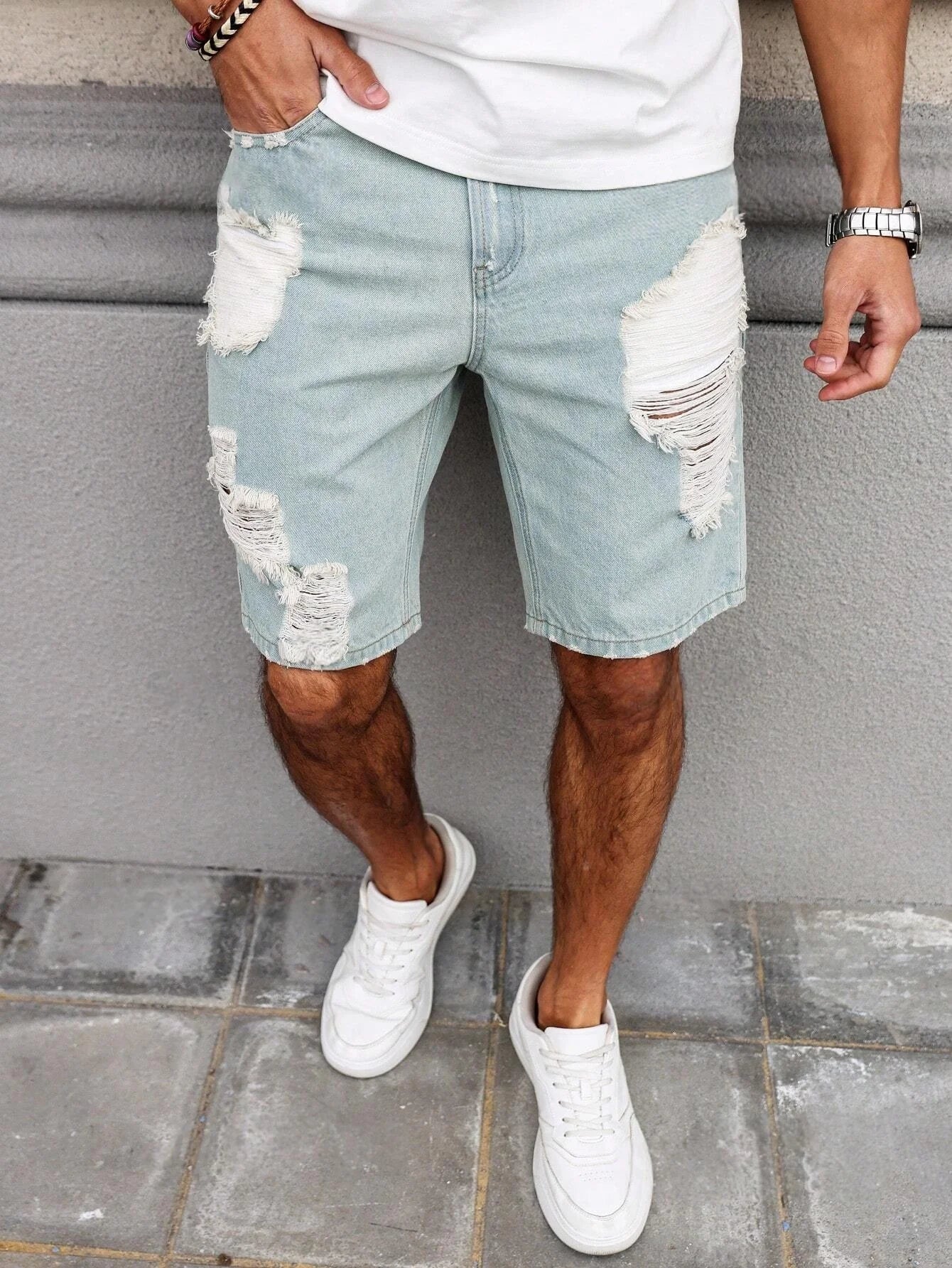 Men's Light Blue Ripped Denim Shorts