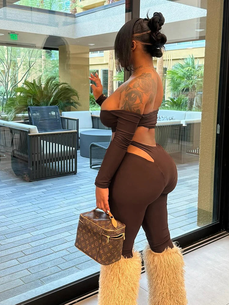Slash Neck Crop Tops+High-Waist Leggings