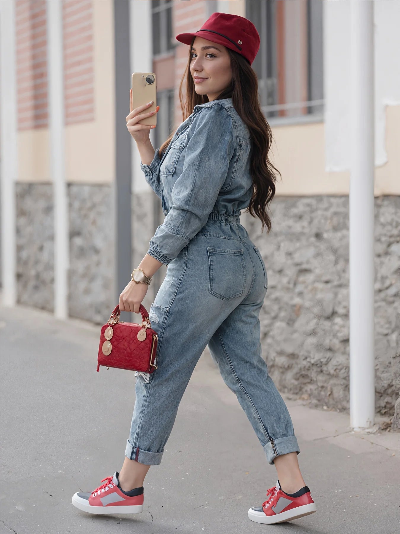 Slim fit washed long sleeved jumpsuit