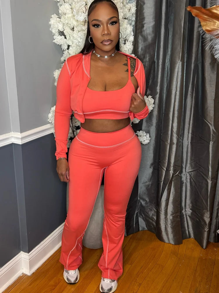 Crop Top And Flare Pants With Jacket Set