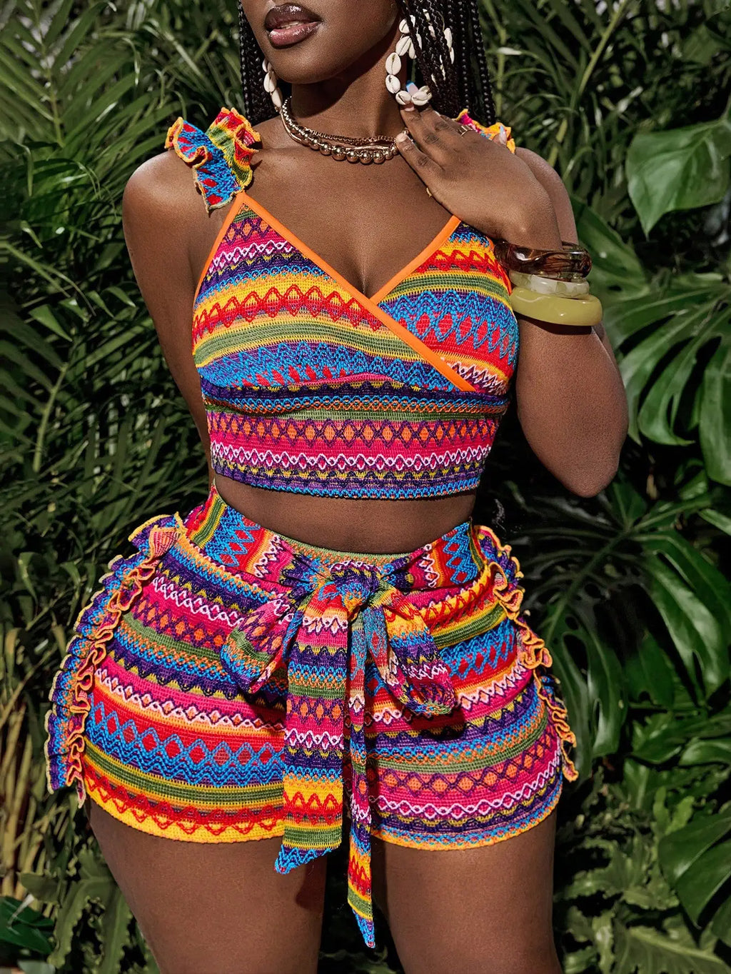 Colorful Tank Top and Belted Shorts Set