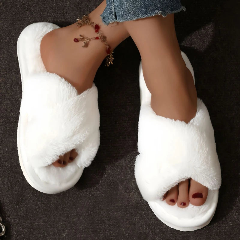 Open Toe Flat Fur Slides
