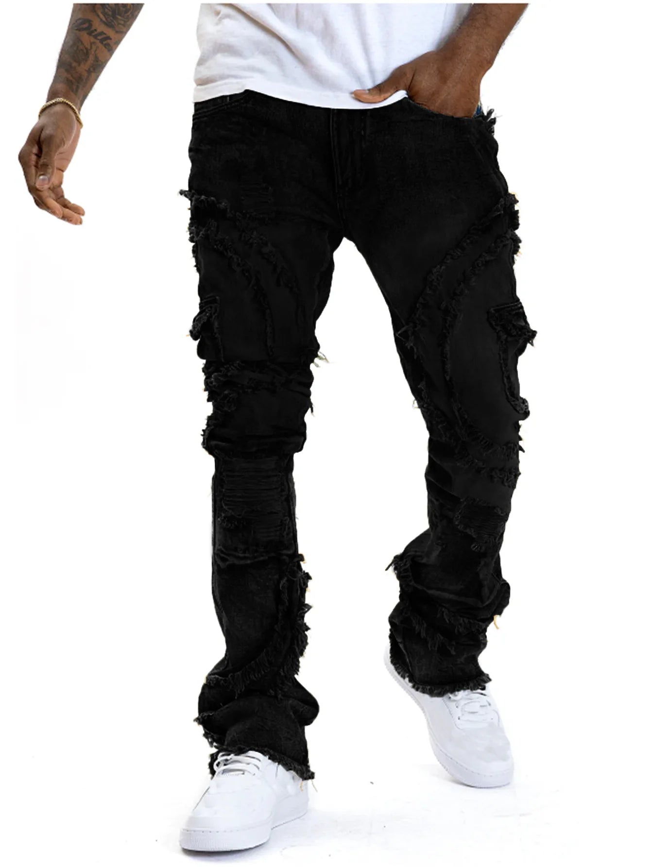 Ripped hole elastic jeans
