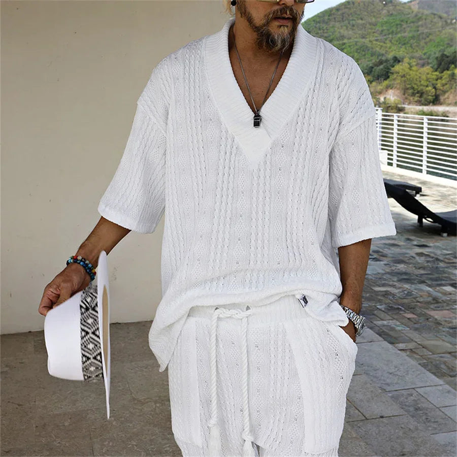 Men's V-neck Short Sleeve T-shirt and Shorts Set
