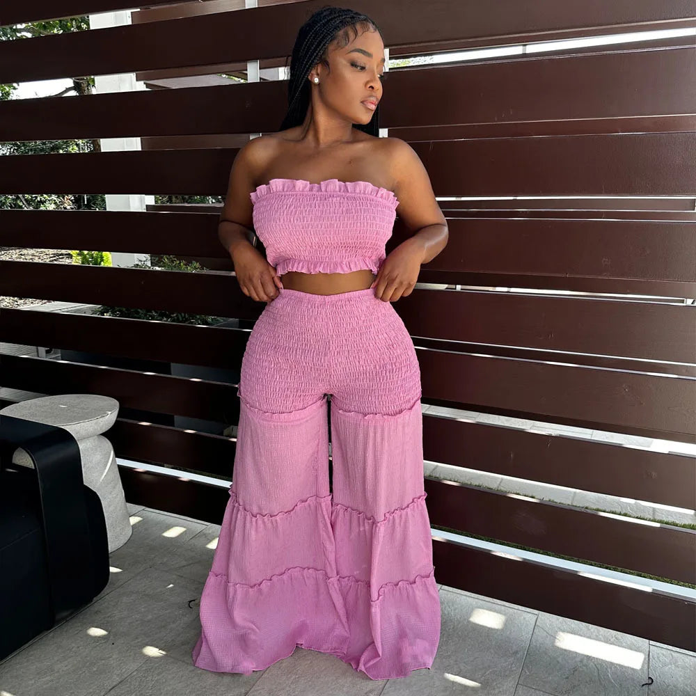 Ruffled Strapless Crop Top Wide Leg Pants Suit