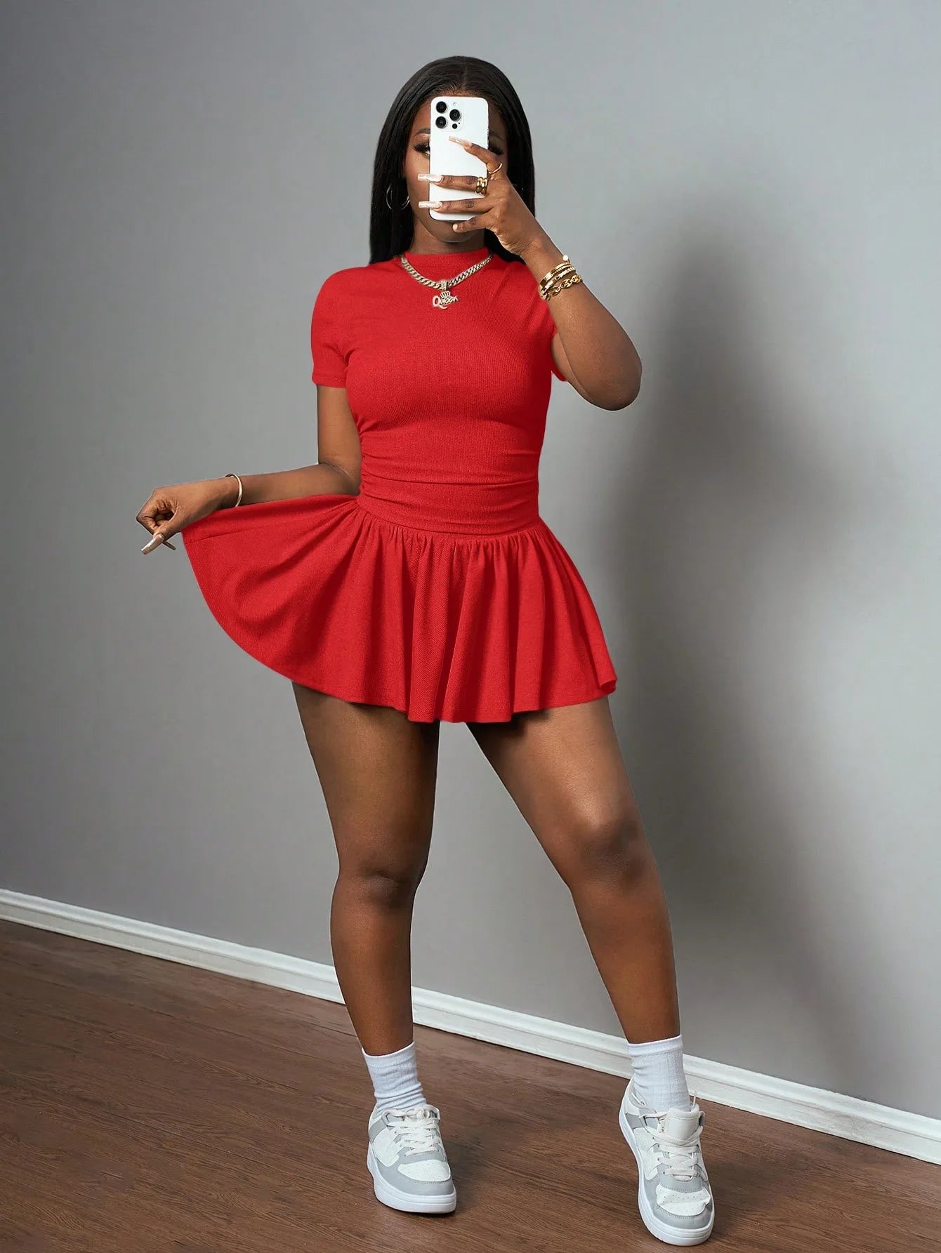 Ribbing Pleated Skirt Set